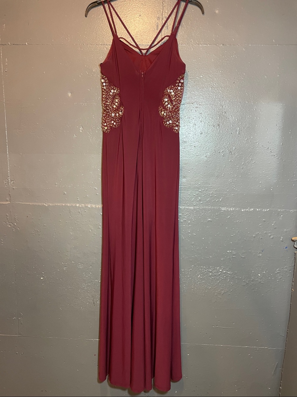 B Darlin Burgundy Maxi Dress with Side Sequin Appliqué - Picture 3 of 6
